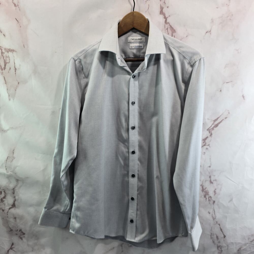 Twillory Shirt Mens 15.5 Grey White Button Up Long Sleeve Tailored Fit Non Iron